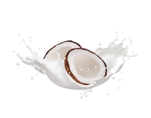 Vector flujo de leche de coco blanco realista y salpicadura para bebida o paquete de postre dulce fondo vectorial ola de salpicadura de leche de coco con explosión de gotas para helado de batido y yogur o caramelo