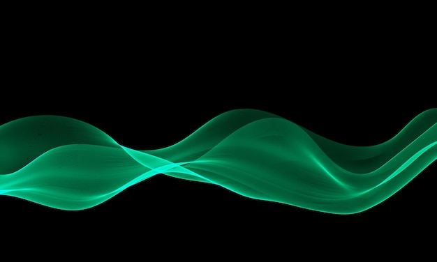Flujo de ondas abstractas verdes de líneas onduladas que brillan sobre un fondo negro