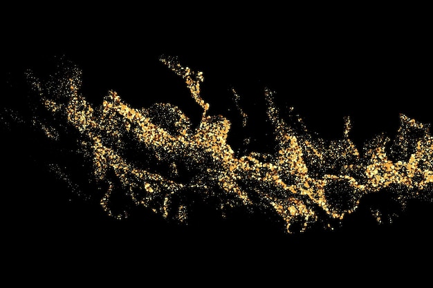 Flujo ondulado abstracto de confeti dorado sobre fondo negro Elemento de diseño festivo
