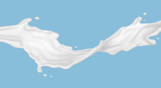 Flujo de salpicaduras de leche o yogur aislado sobre fondo azul Vector ilustración realista