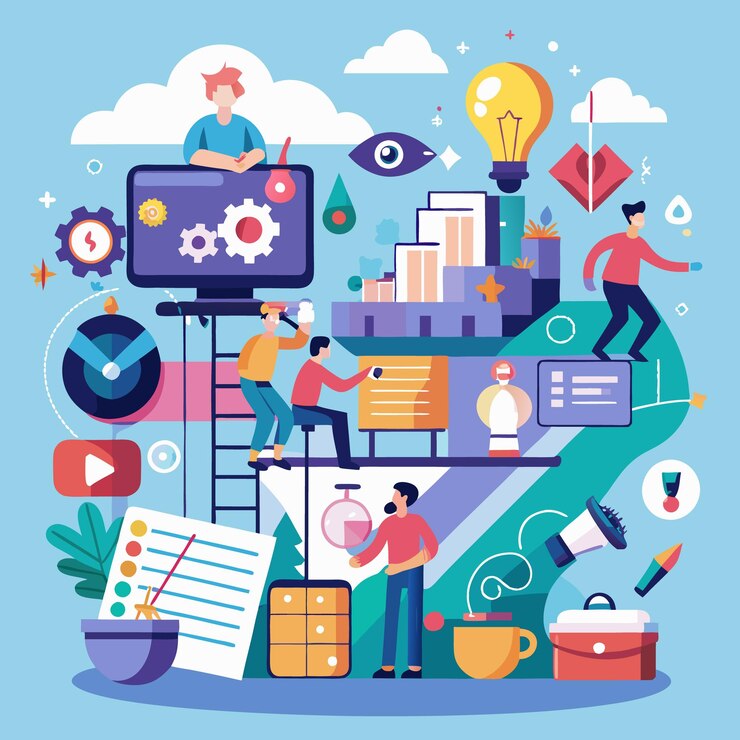 Vector flujo de trabajo colaborativo y gestión de proyectos que elevan la eficiencia del equipo en un espacio de trabajo digital