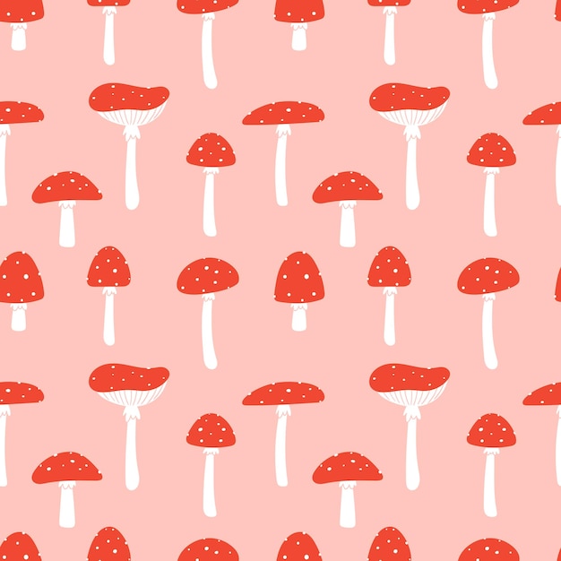 Vector fly agaric patrón sin costuras dibujo a mano de hongos sobre un fondo rosa ilustración vectorial en un estilo plano simple para ropa de niños tela textil