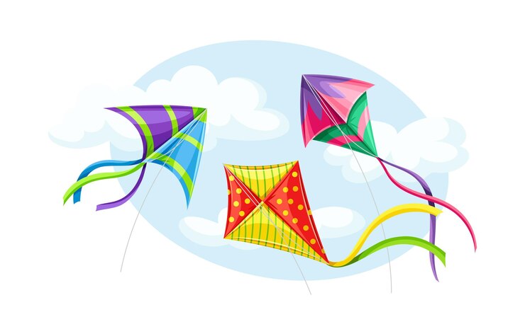 Vector fly kite in sky concept juguetes coloridos con cuerdas estilo de vida activo y ocio al aire libre elemento gráfico para el sitio web ilustración vectorial plana de dibujos animados aislada sobre fondo blanco