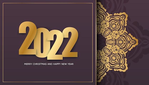 Flyer 2022 Feliz navidad y próspero año nuevo color burdeos con adornos de oro de invierno