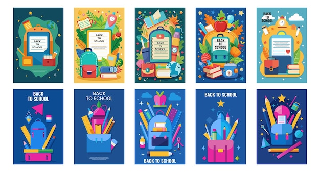 Flyer de Backtoschool y cartel de admisión con artículos educativos plantilla de estandarte escolar llamativo
