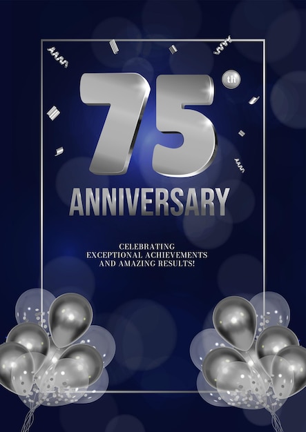 Flyer de celebración del aniversario números plateados diseño de fondo oscuro con globos realistas 75