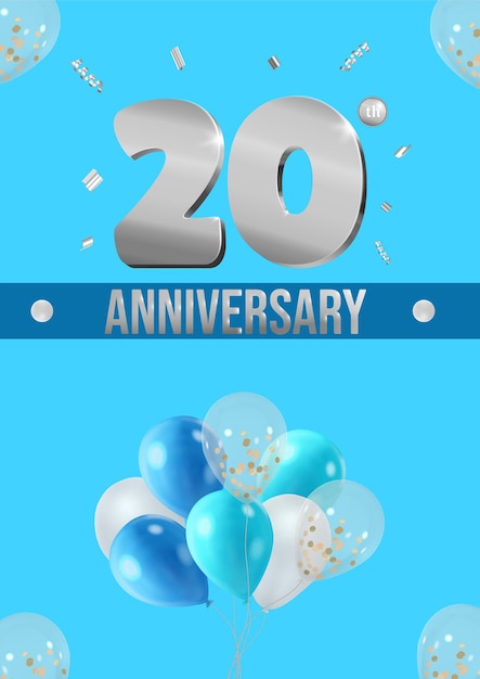 Flyer de celebración de aniversario números plateados fondo brillante con globos 20