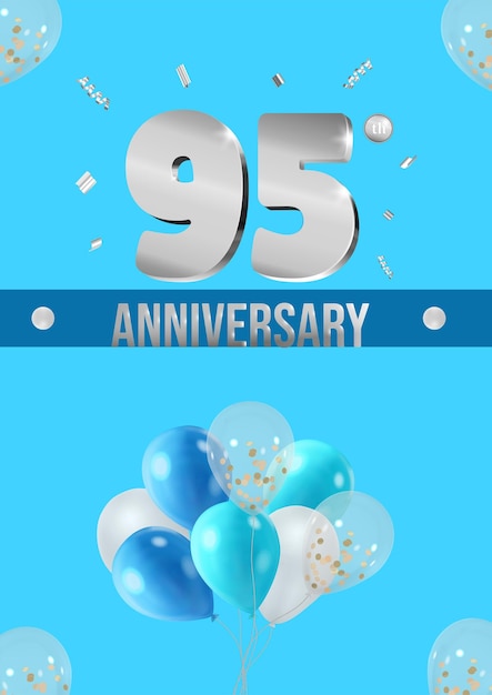Flyer de celebración de aniversario números plateados fondo brillante con globos 95