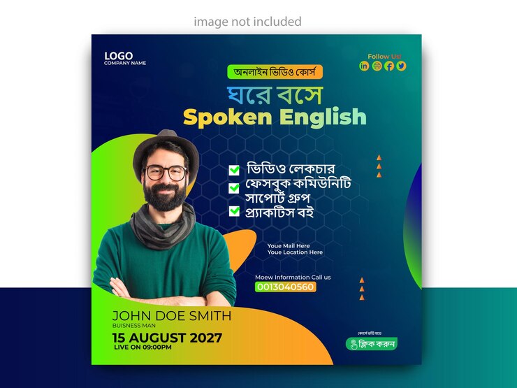 Flyer del curso en línea de inglés hablado para el diseño de anuncios de redes sociales