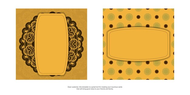 Flyer de felicitación en color amarillo con un mandala en un patrón marrón para tus felicitaciones.