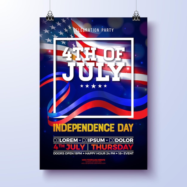 Flyer de la fiesta del día de la independencia de los estados unidos con bandera estadounidense y fuegos artificiales diseño del 4 de julio