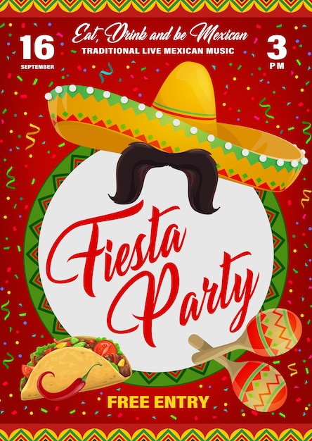 Vector flyer de fiesta con símbolos mexicanos sombrero, bigotes y maracas con tacos y chile jalapeño. cartel de dibujos animados con confeti, invitación para el festival navideño de méxico o fiesta de música en vivo