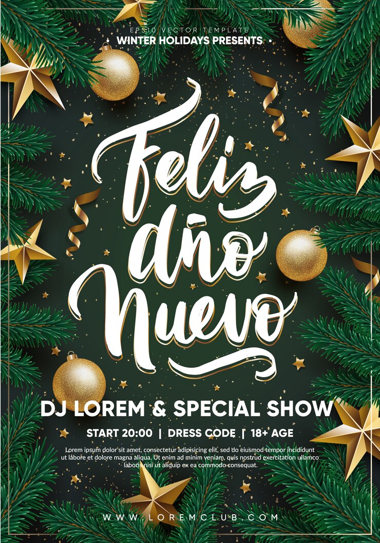 Vector flyer de fiesta de vacaciones de invierno feliz año nuevo letras dibujadas a mano.