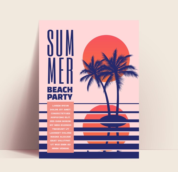 Flyer o cartel minimalista de fiesta en la playa de verano o plantilla de diseño de banner con puesta de sol