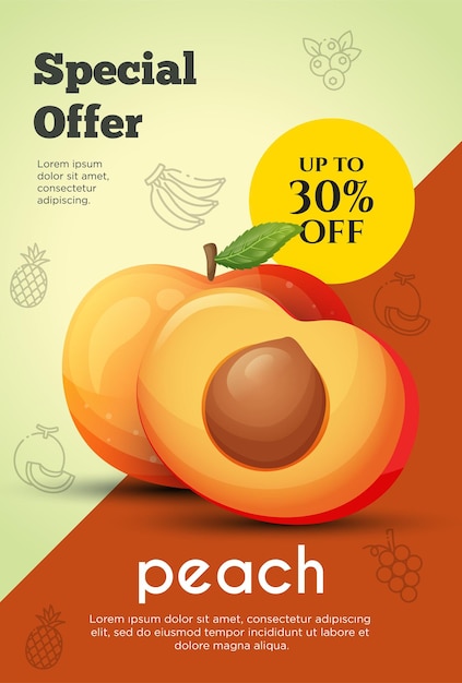 Flyer oferta especial para el producto de frutos de melocotón Flyer de promoción de frutas
