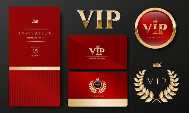 Flyer de tarjeta de invitación VIP con elementos dorados en fondo rojo Diseño premium de lujo