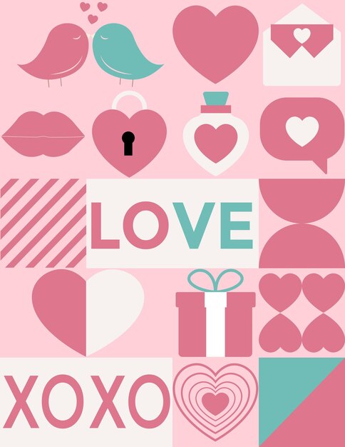 Flyers del día de San Valentín banderas íconos de amor romántico con corazones y pájaros en estilo geométrico