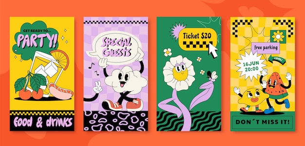 Flyers de fiestas retro con plantillas de personajes alegres