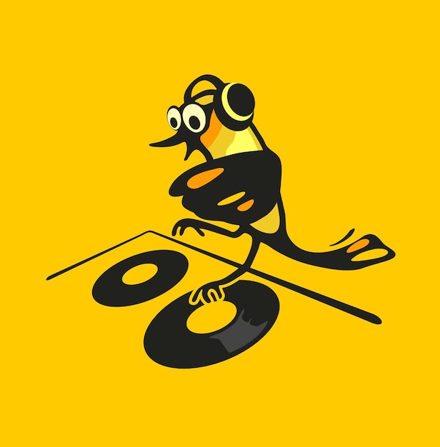 Flying bird dj con audífonos y rascando un disco en el tocadiscos. aislado sobre fondo amarillo. vector ilustración plana.