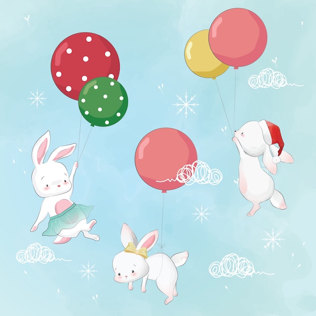 Vector flying bunny con globos en el día de navidad