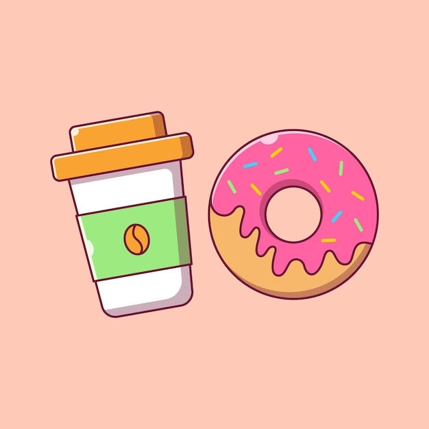 Flying Cup of Coffee and Donuts Flat Cartoon Illustration.