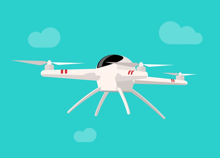 Vector flying drone aislado en dibujos animados plano de fondo de cielo azul