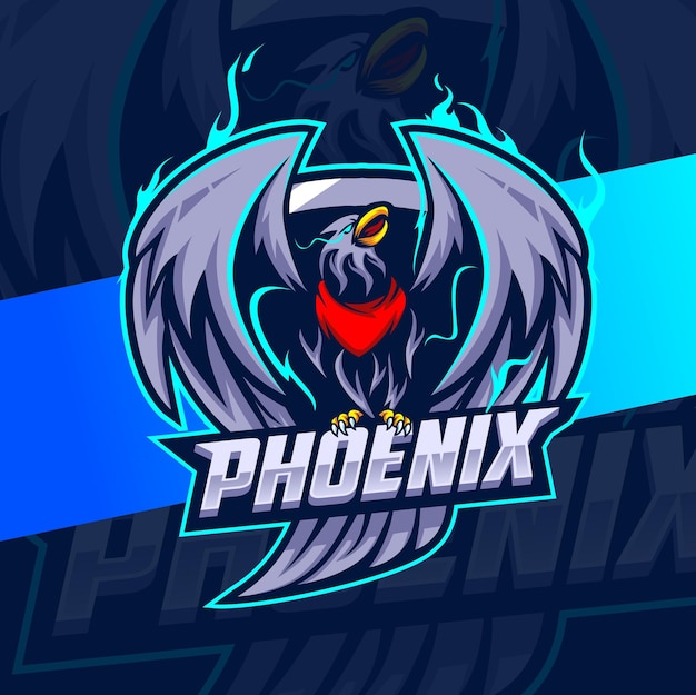 Flying phoenix eagle bird con diseño de esport de personaje de mascota de fuego azul para equipo de jugador y diseño de logotipo deportivo