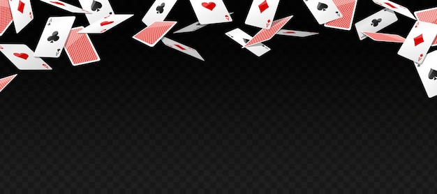 Vector flying vegas casino cartas de póquer rojas y blancas diamantes palos corazones picas as adicción al juego dinero arriesgado juego de suerte concepto de jugar a través de dinero real fondo oscuro ilustración vectorial