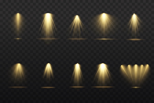 El foco amarillo brilla en el escenario. luz uso exclusivo efecto flash luz de lente. luz abstracta de una lámpara o foco. escena iluminada podio bajo los reflectores.