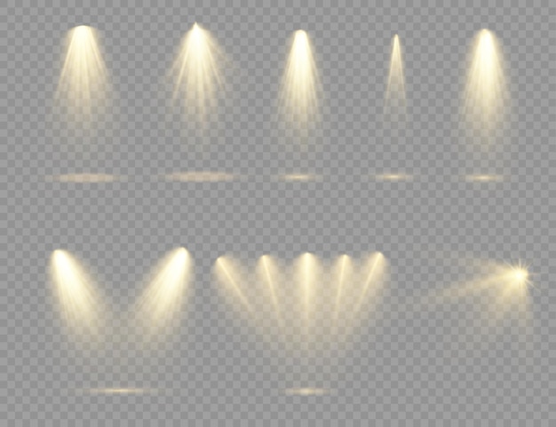 El foco amarillo brilla en la luz del escenario lente de uso exclusivo efecto de luz de flash luz abstracta de una lámpara o podio de escena iluminada con foco bajo el vector de foco
