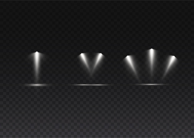 El foco brilla en el escenario. luz uso exclusivo efecto flash luz de lente. luz de una lámpara o foco. escena iluminada podio bajo los reflectores.