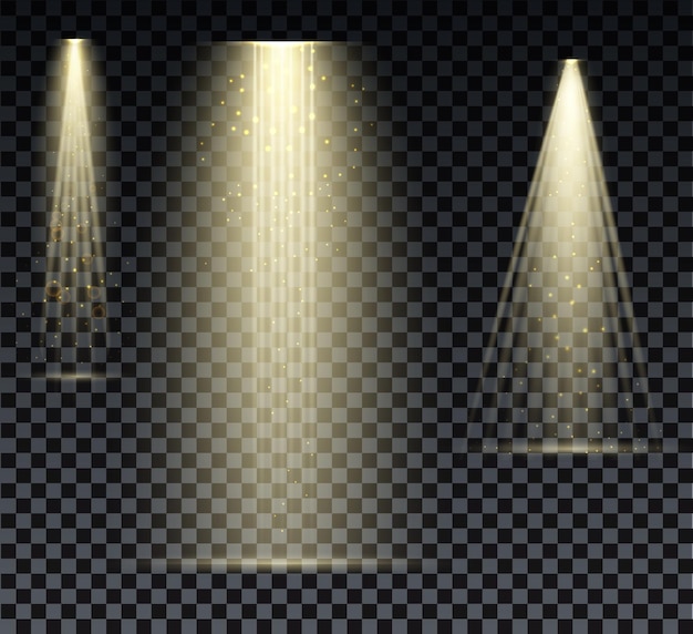 Foco dorado Iluminación brillante con focos del escenario sobre fondo transparente