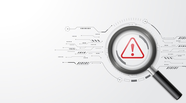Vector foco de lupa 3d señal de advertencia de precaución roja en el fondo del circuito utilizado para notificar defectos y errores ilustración vectorial