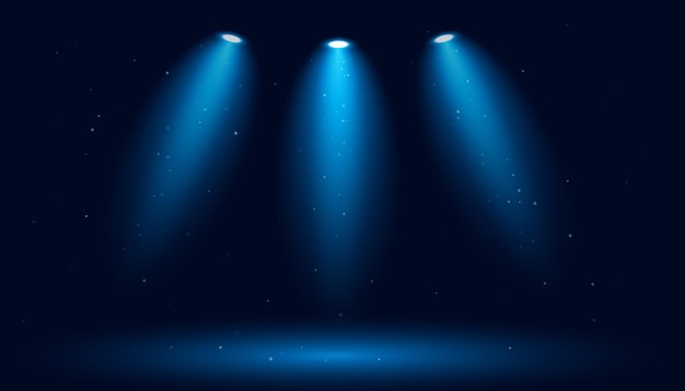 Focos brillantes realistas sobre un fondo azul oscuro Ilustración de fondo vectorial