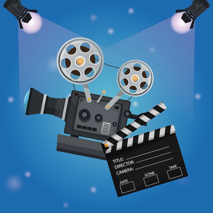 Vector focos con claqueta y proyector de cine