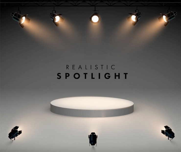 Vector focos con escenario de luz blanca brillante. proyector de forma de efecto iluminado, ilustración del proyector para iluminación de estudio, cuatro focos brillan desde la parte inferior hasta el podio.