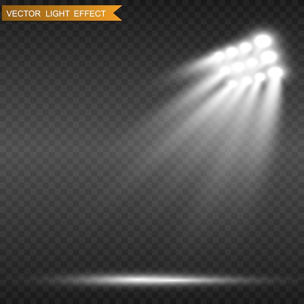 Los focos de los estadios iluminan brillantemente los juegos deportivos, conciertos, espectáculos y eventos nocturnos o nocturnos. Aislado en un fondo transparente. Arenas de focos brillantes. Luces brillantes. Escena iluminada.