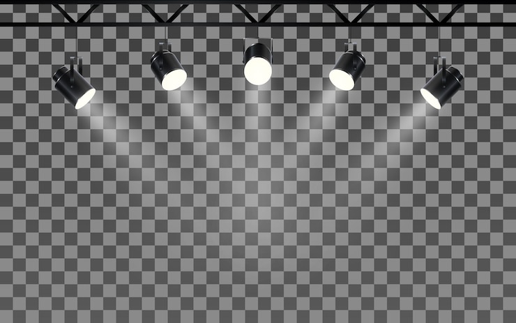 Vector focos con luz blanca brillante, escenario brillante.