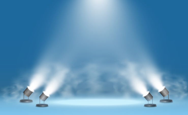 Vector focos sobre fondo transparente que iluminan la escena. un sitio con humo.