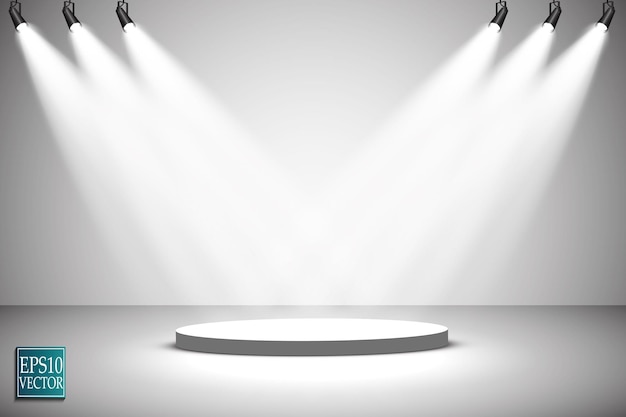 Focos vectoriales. Escena. Ilustración de podio de efectos de luz