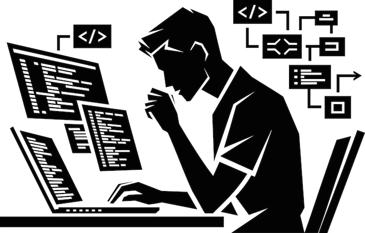 Vector focused programmer working on multiple computer screens with flowchart elements and code snippets