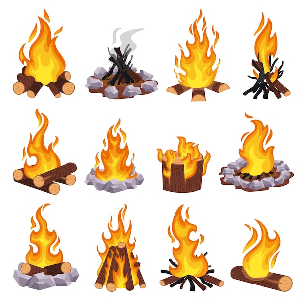 Fogata de dibujos animados hoguera de madera quemando troncos y pozo de fuego de piedra de campo apilando tipos de leña y conjunto de ilustración de vector de fuego extinguido