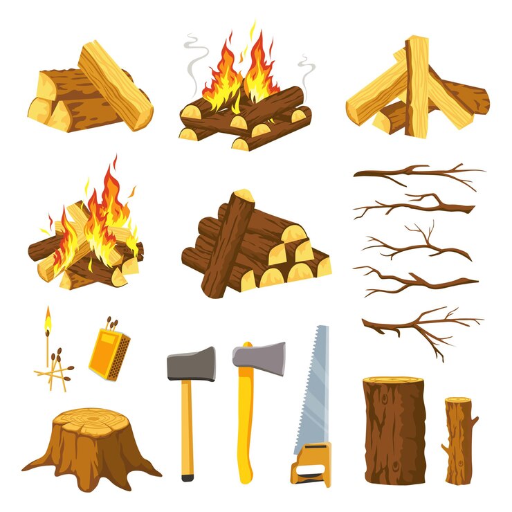 Vector fogata de madera. pila de troncos de árboles, ramas, hacha de leñador, sierra y fósforos para hacer hoguera. quemar la pila de leña con llamas, conjunto de vectores de madera. equipo para cortar madera, senderismo al aire libre.