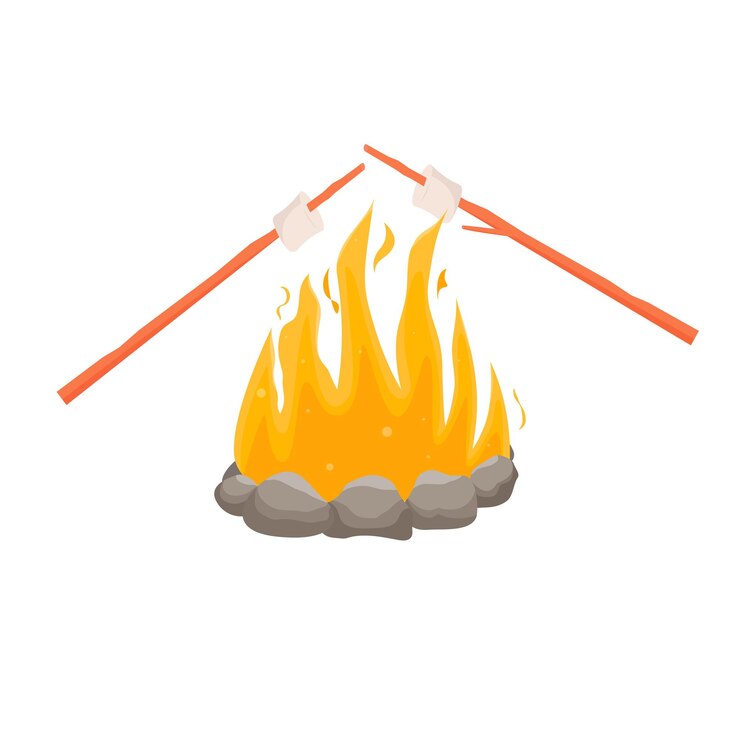 Vector fogata turística fogata al aire libre con malvavisco símbolo de viaje y aventura de fuego ardiente