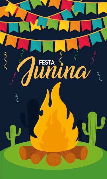 Fogata vertical de plantilla de festa junina con troncos y adornos festivos ilustración vectorial