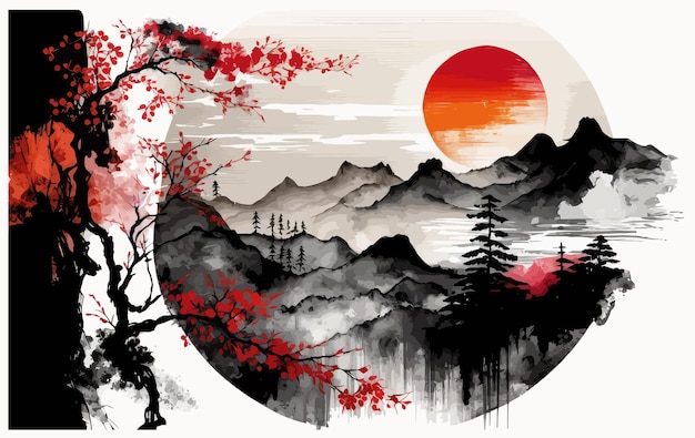 Vector follaje otoñal montañas azules brumosas y sol rojo en estilo japonés minimalista oriental tradicional ilustración vectorial