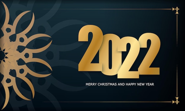 Folleto 2022 feliz navidad y próspero año nuevo azul oscuro con patrón dorado de invierno