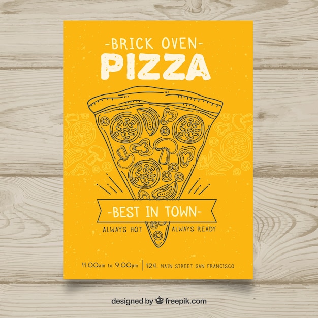 Folleto amarillo con boceto de pizza