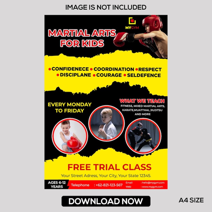 Folleto de artes marciales Diseño de volante de boxeo Diseño de kickboxing Plantilla vectorial de entrenamiento y entrenamiento