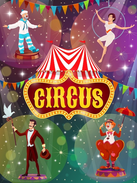 Folleto con artistas de vector de espectáculo de circo de carpa grande